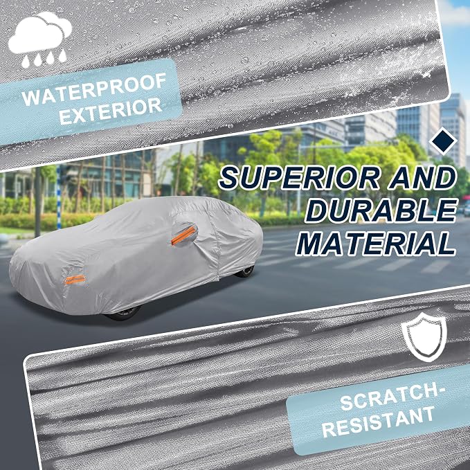 Silver Tone Heavy Duty Waterproof Car Cover for Sedan 169"-175" - All-Weather UV Protected Outdoor Full Exterior Cover with Sun/Snow/Rain Resistance