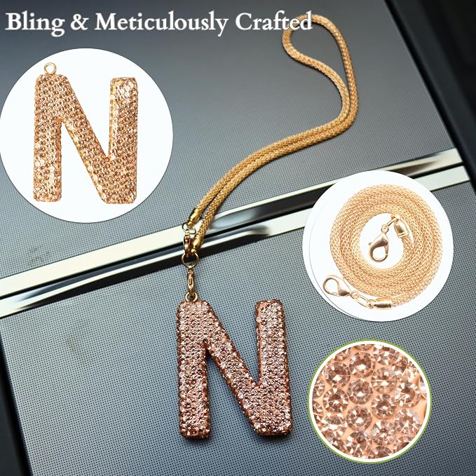 Bling Car Accessories for Women Letter Charm, Rainbow Crystal Rearview Mirror Pendant, Cute Diamond Rhinestone Car Decor, Lucky Gift for Women(N, Champagne Gold)