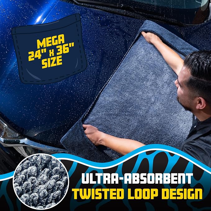 Chemical Guys Twisted Loop Microfiber Drying Towel with Hand Pockets | Megalodon Built-in slots give a secure grip, full control while you safely clean your car, 24"x36"