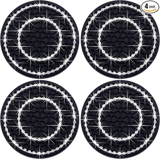 4PCS Bling Crystal Rhinestone Cup Holder Coaster, 2.75 inch Soft Silicone Anti-Slip Shockproof, Car Cup Holder Insert Coasters, Universal Car Interior Accessories for Women (Black & White)