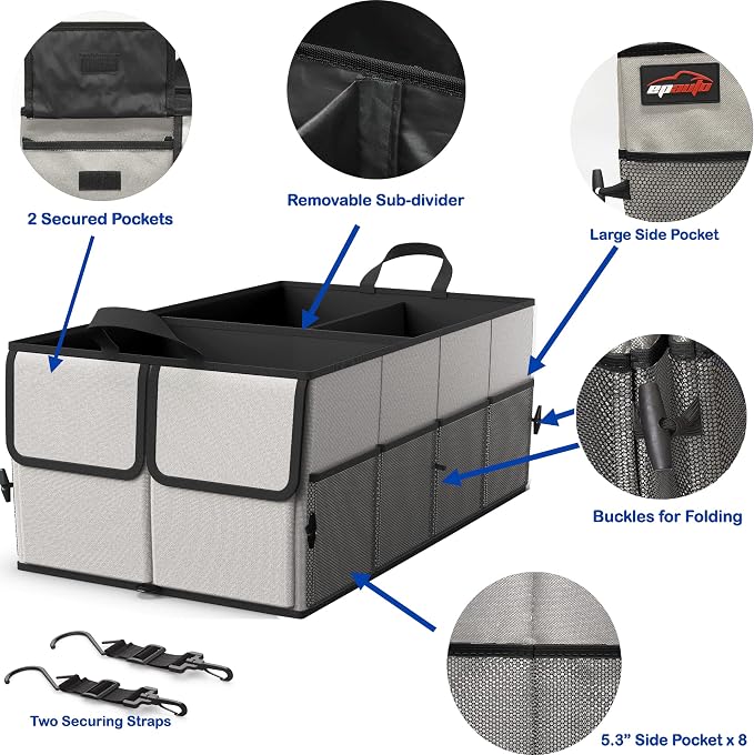 EPAuto Foldable Car Trunk Organizer for SUV, 3-Compartment, Gray | with Removable Divider, Side Pockets and Securing Straps
