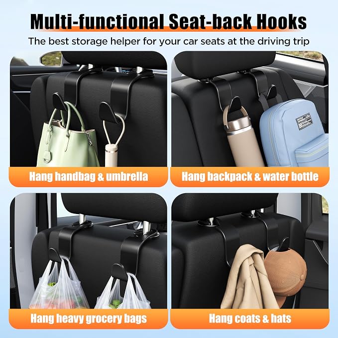 Amooca Car Seat Headrest Hook 4 Pack Hanger Storage Organizer Universal for Handbag Purse Coat Universal fit Vehicle Car Black with Buckle