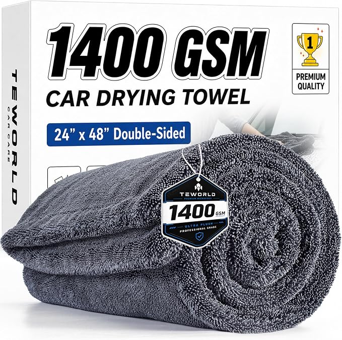 teworld® Car Drying Towel, Extra Large 48 x 24 Inch, 1400 GSM, Dual-Grey | Twisted Loop Microfiber Towel for Cars - Absorbent Car Dry Towel and Car Wash Towel for Streak-Free, Paint-Safe Car Detailing