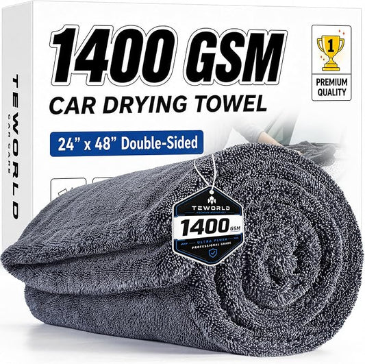 teworld® Car Drying Towel, Extra Large 48 x 24 Inch, 1400 GSM, Dual-Grey | Twisted Loop Microfiber Towel for Cars - Absorbent Car Dry Towel and Car Wash Towel for Streak-Free, Paint-Safe Car Detailing