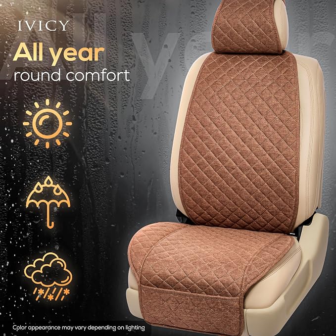 IVICY Faux Linen Front Car Seat Cover – Non-Slip Bucket Seat Protector for Most Cars, SUVs, Vans & Trucks – 1 Seat Cover, Machine Washable, Side-Airbag Friendly, Light Brown