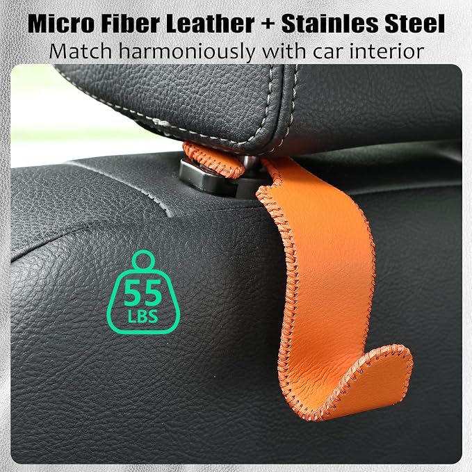 Amooca Car Seat Headrest Hook Universal Vehicle Storage Hanger Leather with Metal Car Seat Back Organizer for Handbag Purse Coat Orange 2 Pack
