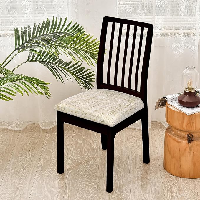 SearchI Seat Covers for Dining Room Chairs Stretch Printed Chair Seat Covers Set of 4, Removable Washable Upholstered Chair Seat Protector Cushion Slipcovers for Kitchen(Beige Linen-Look Print)