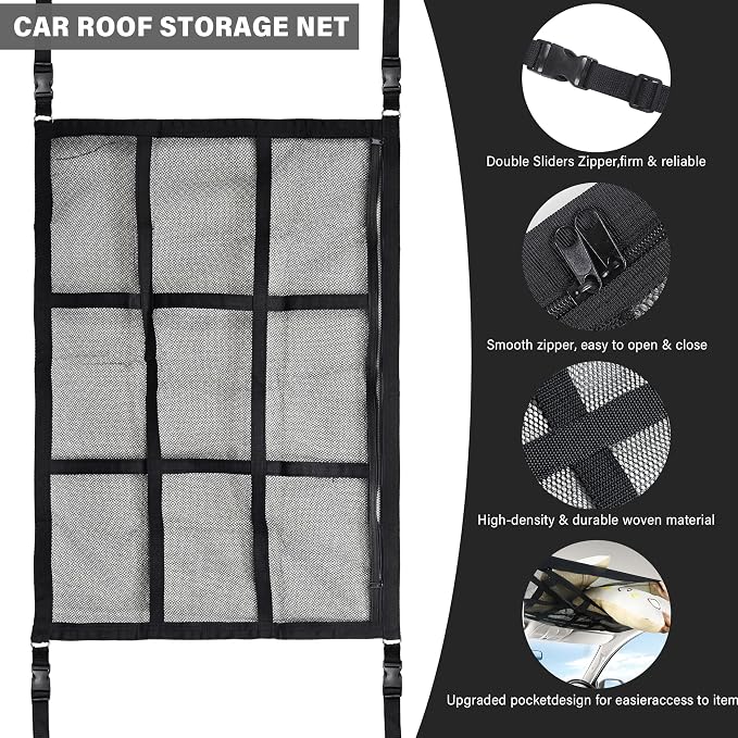 Car Ceiling Cargo Net, 35.5"x25.6", Double Layer Car Roof Storage Organizer, Truck Netting, SUV Van Interior Accessories, Cars Camping Essentials