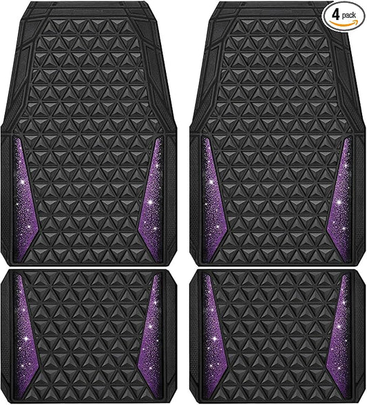 CAR PASS Bling Rubber Car Mats Diamond Floor Mats Full Set Anti-Slip 3D Rhombus Waterproof Universal Trim to Fit Liner Glitter Crystal Sparkly Shining Rhinestone Girl Women SUV Sedan Van, Black Purple