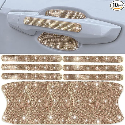 10 pcs Bling Diamond Car Door Handle Stickers, Bling Car Accessories for Women, Universal Rhinestone Crystal Glitter Door Handle Protector Stickers and Decals, Scratch Safety Reflective (Champagne)