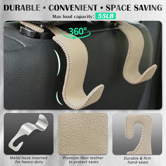 Amooca Car Seat Headrest Hook Universal Vehicle Storage Hanger Leather with Metal Car Seat Back Organizer for Handbag Purse Coat Beige 4 Pack