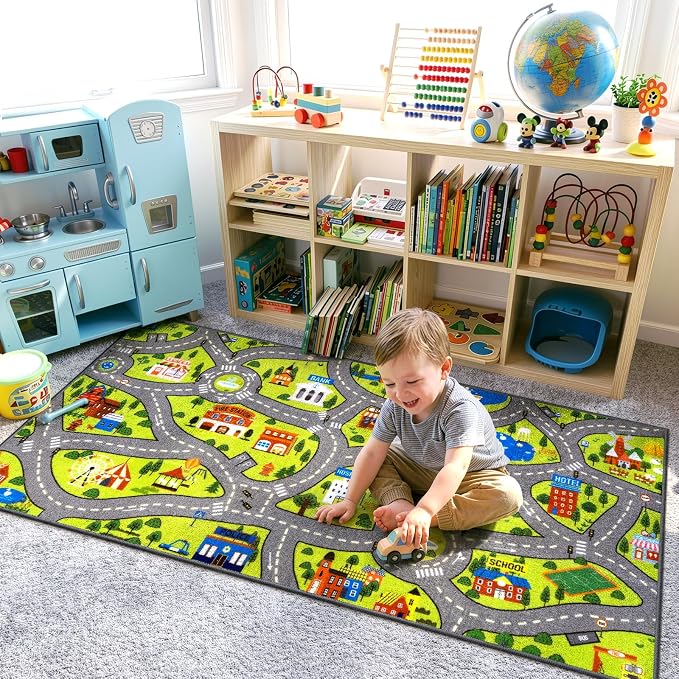 STARUIA Kids Rug Play Mat, 60"x32" Ultra Non-Slip Car Rug for Toddlers, Educational City Road Carpet Car Mat for Kids, Washable Car Kid Rugs for Bedroom Playroom Boys Room Nursery