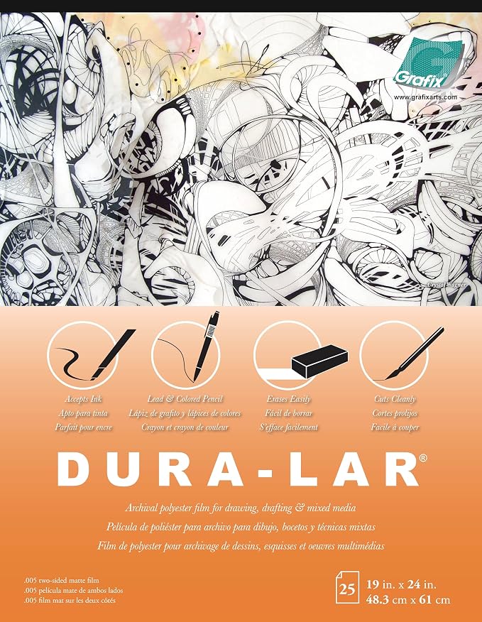 Grafix Dura-Lar 0.005" Film, Matte, Translucent 19"x24", Economical Alternative to Drafting Film, Mylar and Acetate, Translucent Drawing Surface for Lead, Ink, Charcoal and Paint, Pad of 25 Sheets