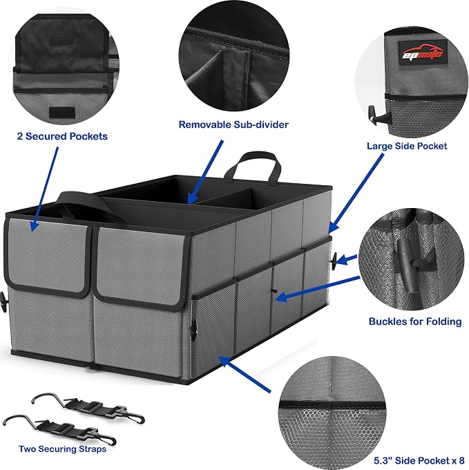 EPAuto Foldable Car Trunk Organizer for SUV, 3-Compartment, Dark Gray | with Removable Divider, Side Pockets and Securing Straps