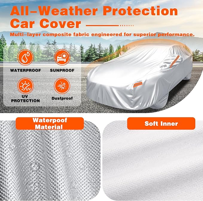iCOVER Car Cover, Waterproof All Weather Car Covers for Toyota Camry, Honda Accord, BMW 5 Series, Mercedes E-Class,Audi A6 (Length 192" to 198") Outdoor Full Exterior Cover with Detachable Tire Covers