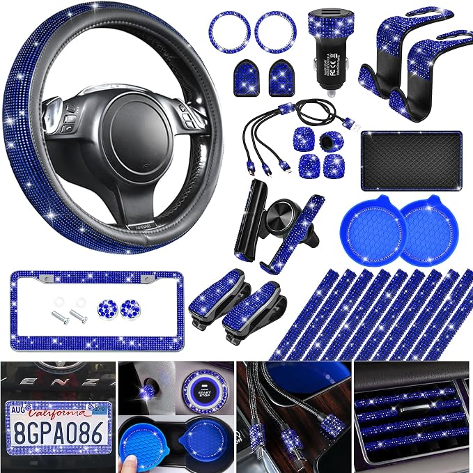 CAR PASS 30 PCS Bling Diamond Car Accessories Set for Women, Bling Steering Wheel Covers 15 Inch, Shining Rhinestone License Plate Frame, Sparkly Phone Holder, Cute Interior Set Decorations, Blue