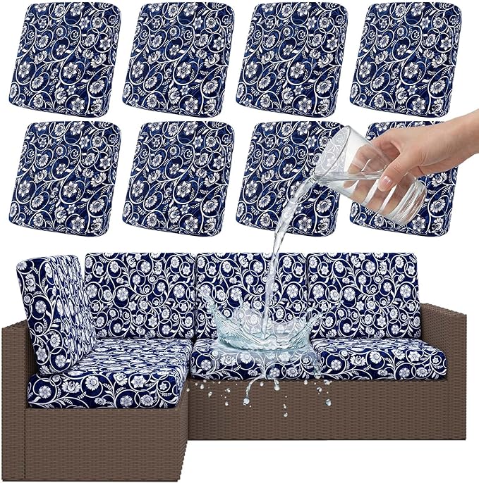 Smiry 8 Pcs Waterproof Patio Cushion Covers, Stretch Outdoor Furniture Covers | Couch Slipcovers Replacement, Washable Furniture Protector, UV-resistant Sofa Chair Seat Cover for Outdoor and Indoor, 8 Pcs