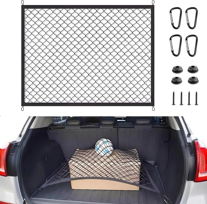 BAILALIBO Cargo Net with Metal Hooks, 32x24 in | Elastic stretchable mesh, adjustable for SUV/truck, universal fit, secure trunk storage, heavy-duty car exterior accessory