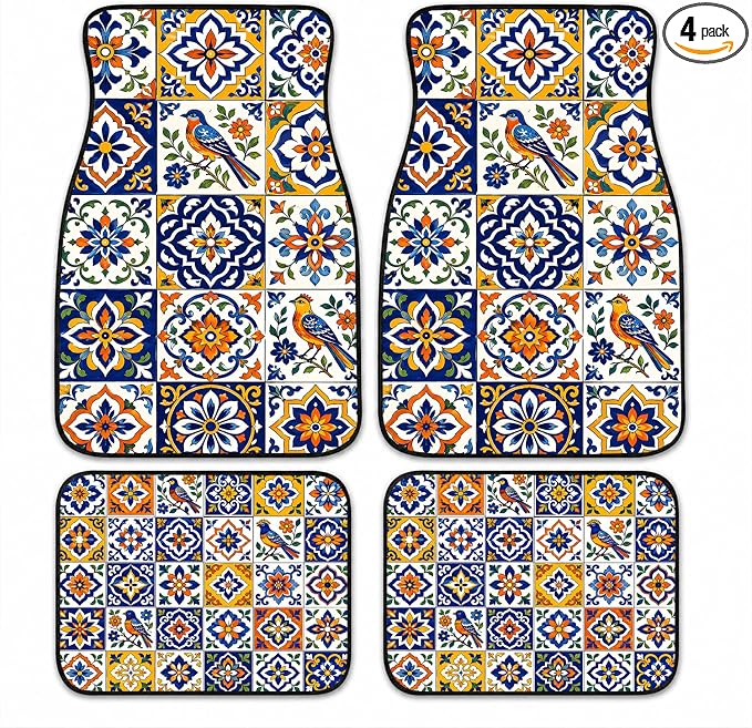 Tile Car Floor Mats Set of 4 Blue Bird Floral Pattern Car Accessories Foot Mats Rugs, Non-Slip,Decor for Universal Fit for Suvs Sedans Trucks Cars Auto Floor Carpets Rugs All-Weather