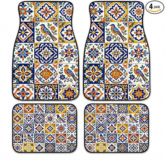 Tile Car Floor Mats Set of 4 Blue Bird Floral Pattern Car Accessories Foot Mats Rugs, Non-Slip,Decor for Universal Fit for Suvs Sedans Trucks Cars Auto Floor Carpets Rugs All-Weather