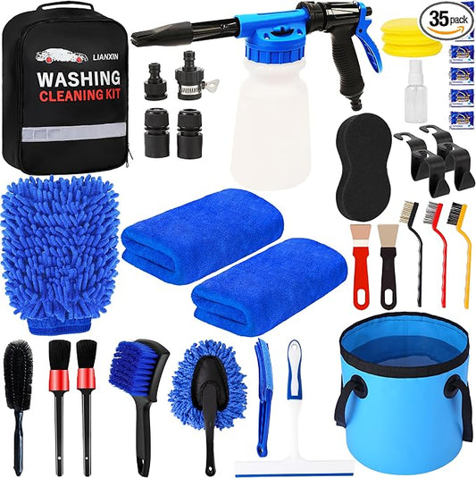 Car Wash Kit with Foam Gun, Bucket and Cleaning Tool, Car Washing Kit | Includes Wash Mitt Tire Brush Sponge Towels Brush Car Cleaning Kit for Interior and Exterior Cleaning, Home or Travel Use