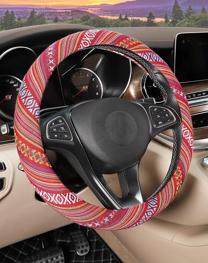 SEG Direct Boho Steering Wheel Cover, Baja Blanket Cloth, Coarse Flax | Bohemian Car Decor, Ethnic Style, Coarse Flax, Fabric Cover Fits 14 1/2-15 1/4 inches Standard Medium Size, for Women Men