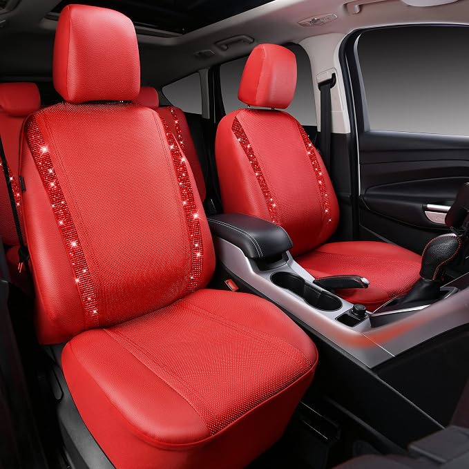 CAR PASS Bling Diamond Car Seat Covers Full Set, Shining Rhinestone Waterproof Faux Leather, Rear with Zipper, Universal Fit Automotive Glitter Crystal Sparkle Strips for Cute Women Girl, Red