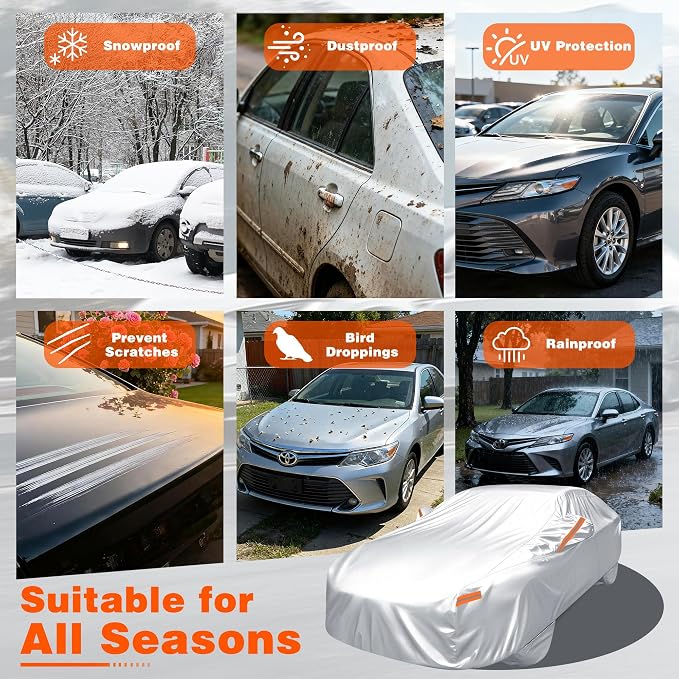 iCOVER Car Cover, Waterproof All Weather Car Covers for Toyota Camry, Honda Accord, BMW 5 Series, Mercedes E-Class,Audi A6 (Length 192" to 198") Outdoor Full Exterior Cover with Detachable Tire Covers