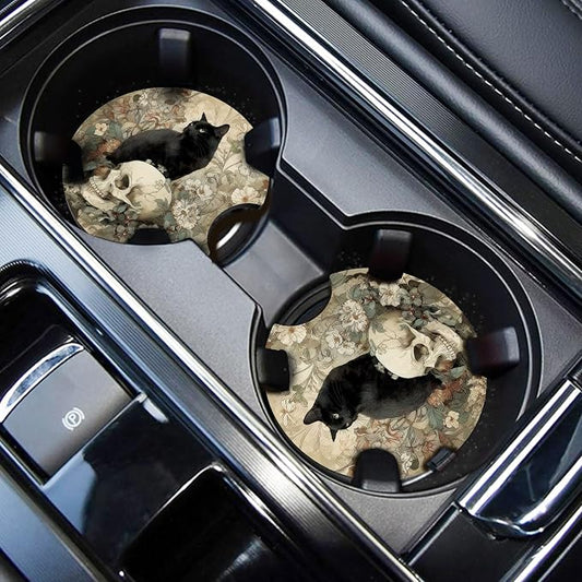 WOCOCN Car Coasters,Cup Holder Coasters for Car,2.75inch Anti Slip and Absorbent,Cute Automotive Interior Accessories for Cup Holder,Pack of 2 (Cat and Skull)