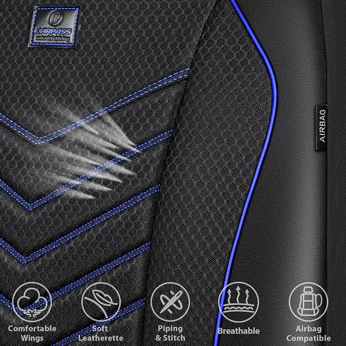 CAR PASS 3D Foam Mesh Leather Car Seat Covers Front Seats, Breathable Front Seat Cover for Cars, Comfortable Universal Fit for SUV Truck Sedan Automotive Anti-Slip Airbag Compatible, Black and Blue