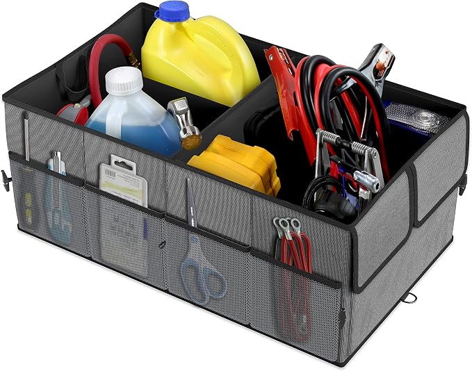 EPAuto Foldable Car Trunk Organizer for SUV, 3-Compartment, Dark Gray | with Removable Divider, Side Pockets and Securing Straps