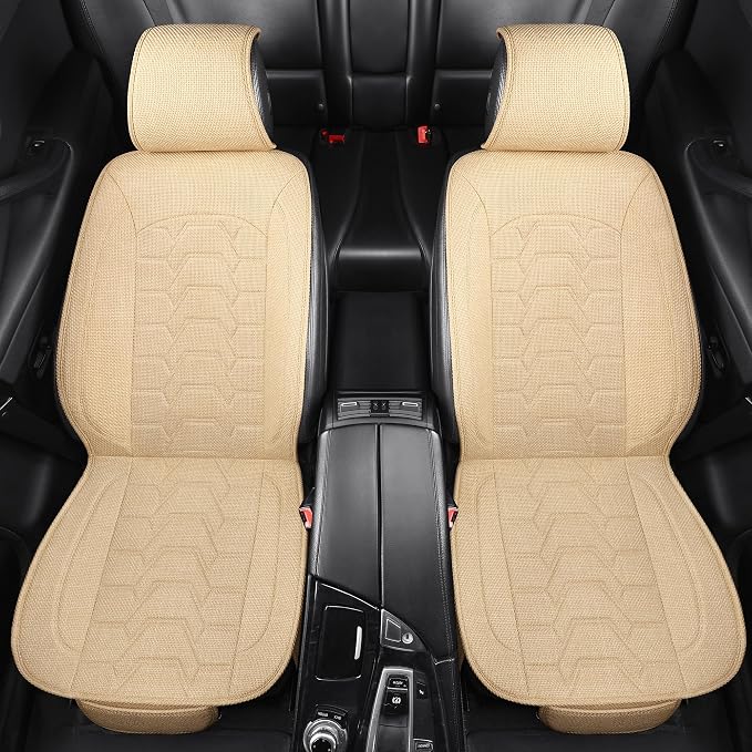 Linen car Seat Covers Breathable Cloth Fabric Seat Protector Front seat Covers Universal Fit for 95% Automotive, Car, Van, SUV, Trucks（（Beige，2PCS）