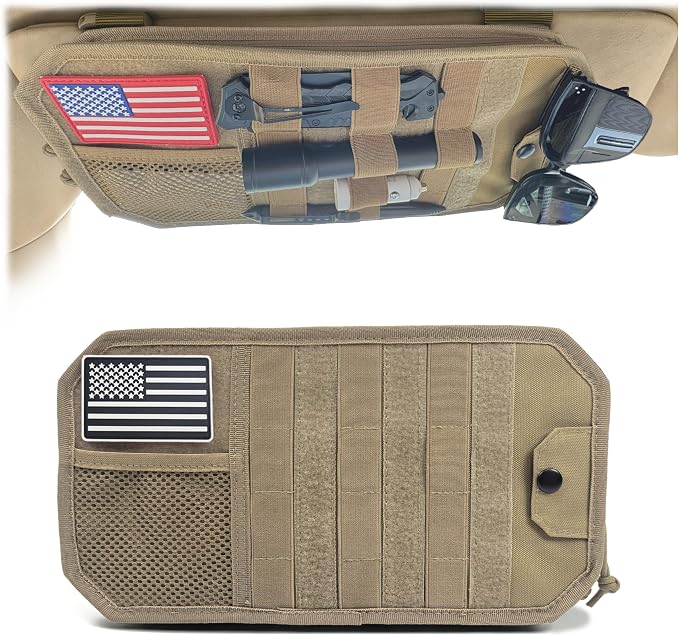 Car Sun Visor Organizer with 2 USA Flag Patches, 1000D Heavy Duty Polyester, Large Capacity MOLLE Panel, Zipper Storage, Fits Cars, SUVs, Trucks, Duty Gear & Overlanding (Khaki)