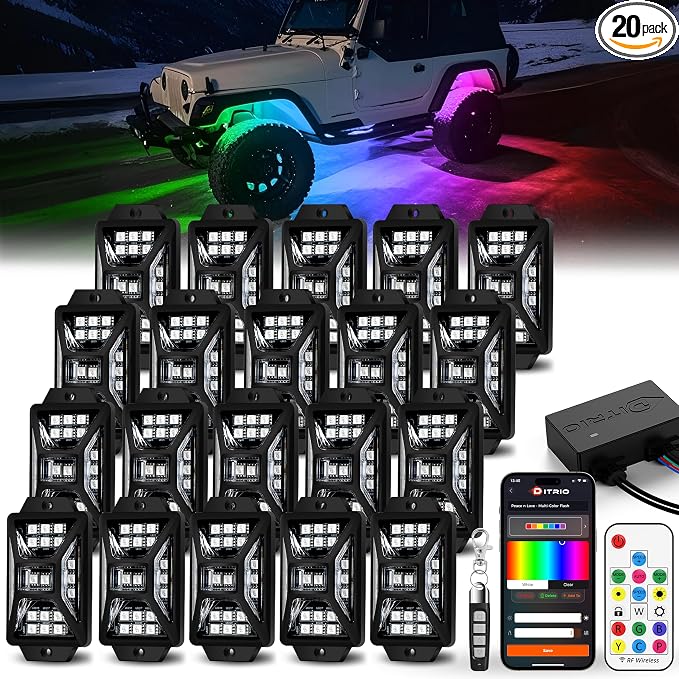 20 Pods Five Sided RGB Rock Lights for Trucks Jeep UTV SUV ATV Golf Cart, Multi Chasing Color App/Remote Control Led Rock Lights with Music Mode, Waterproof Exterior Underglow Kits for Cars(Patented)