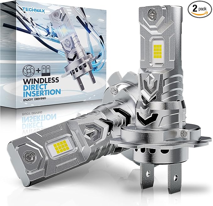 TECHMAX H7 Light Bulb, 6500K Xenon White 30000LM +600% Extremely Bright No Adapter Required 1:1 Mini Size H7 Fog Light w/Cooling Fan - Pack of 2