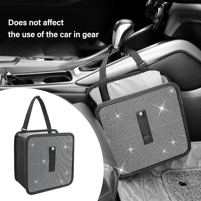 Foldable Car Trash Cans with Rhinestone,Bling Car Trash Bin for Car Seat Organizer & Car Decorations,Universal Bling Car Accessories Car Garbage Can for Most Cars,SUVs,Trucks (White)
