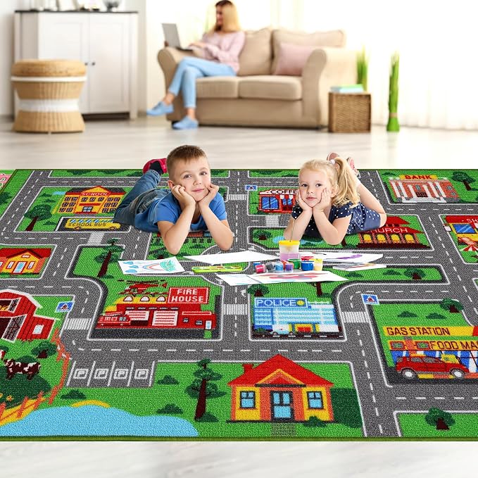 Kids Carpet Playmat Rug 118"x78.7", Car Rug for Kids Cars, Non-Slip Town City Road Map Kids Rugs for Playroom Bedroom Boys, Kids Cars Play Mat Track Road Rugs for Kid (118X78.7Inch,Green)