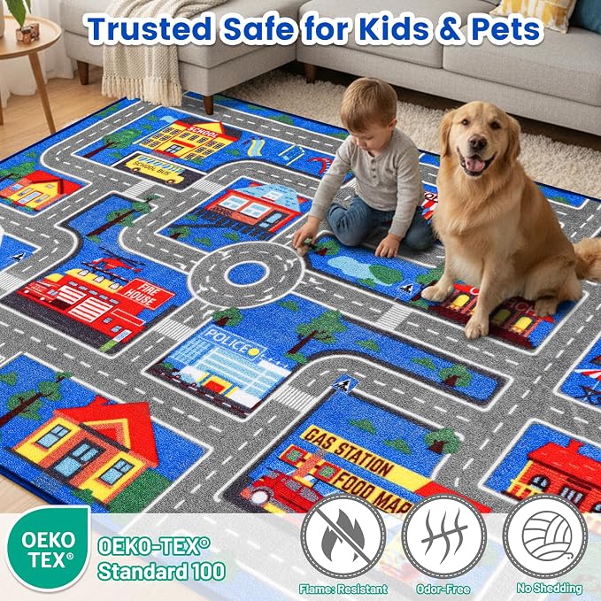 Kids Carpet Playmat Rug 110.2"x78.7", Car Rug for Kids Cars, Non-Slip Town City Road Map Kids Rugs for Playroom Bedroom Boys, Cars Play Mat Track Road Rugs for Kid (Blue, 110.2X78.7 INCH)