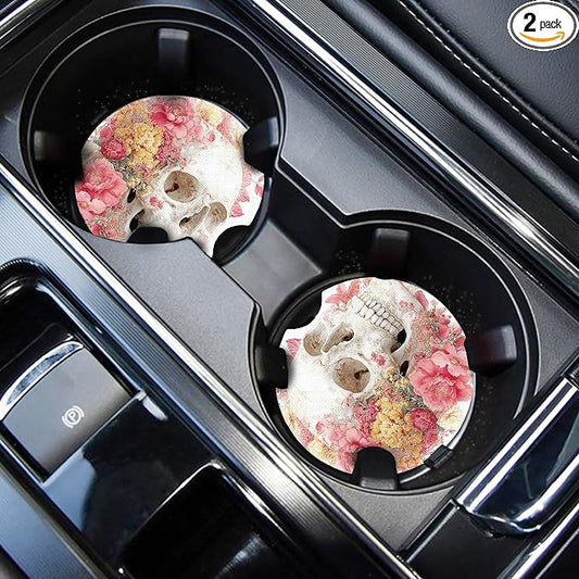WOCOCN Cute Cup Holder Coasters for Your Car with Fingertip Grip, Auto Accessories for Women & Men,Pack of 2 (Flower Skull)