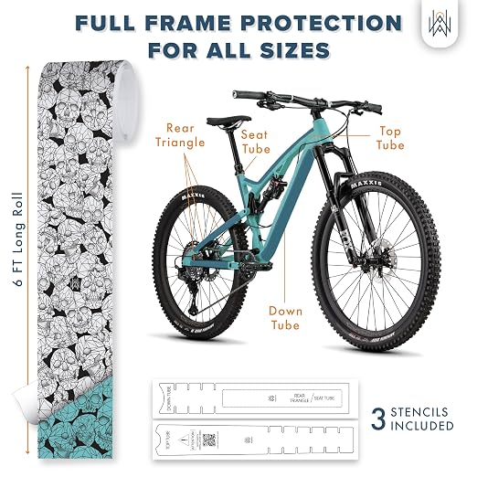 Bike Frame Protection Tape- High Impact Clear Vinyl Wrap Includes Tool (4”x72) Bicycle Frame Protector, Mountain Bike Frame Guard Chainstay Protector (Black Skulls)