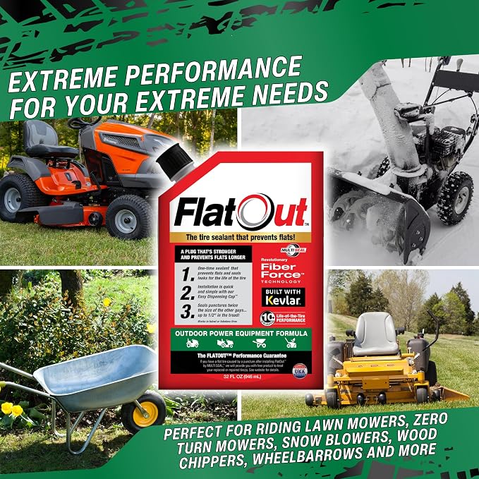 FlatOut Tire Sealant Outdoor Power Equipment Formula - Prevent Flat Tires, Seal Leaks, Contains Kevlar, 32-Ounce Bottle, 4-Pack…