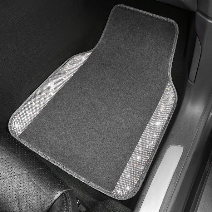 CAR PASS Bling Diamond Car Mats Shining Carpet Crystal Rhinestones Sparkly Glitter Floor Mats with Anti-Slip PVC Heel Pad Universal Fit for Automotive SUV, Sedan, Car, Van, 4pcs for Girl Women, Gray