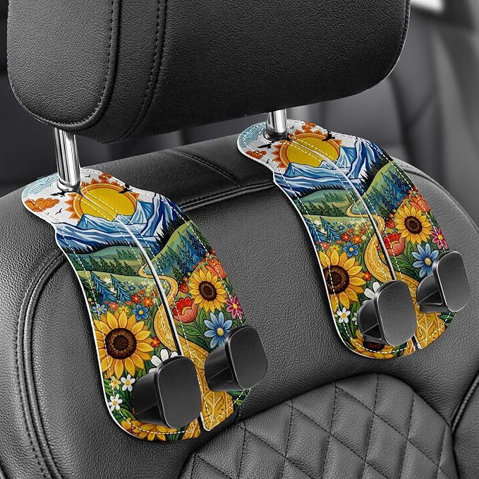 WOCOCN Purse Holder for Car, 2 Pack Heavy Duty Purse Hanger for Car, PU Leather Car Seat Hooks for Purses and Bags, Cute Sunflower Headrest Organizer for Handbags & Backpacks