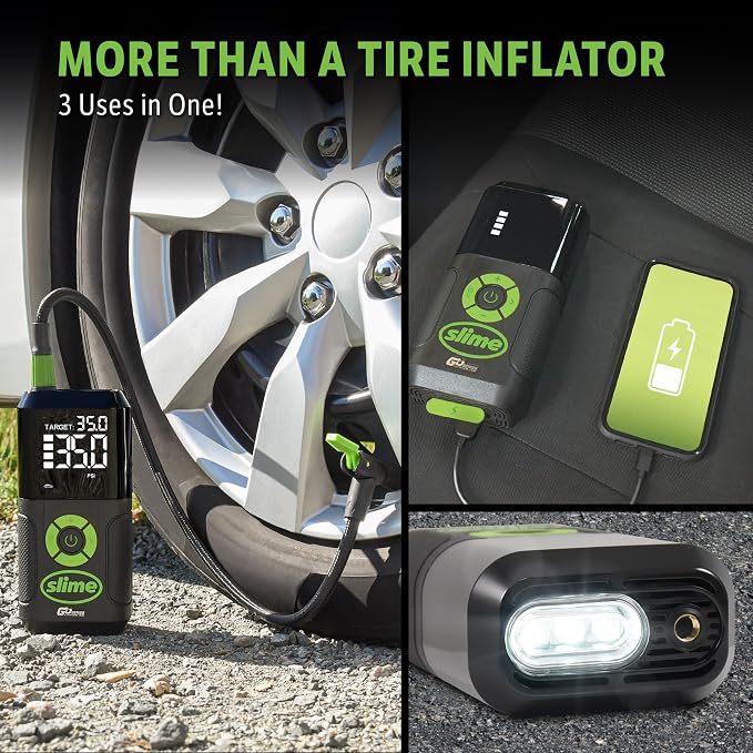 Slime 40089 Cordless 3-in-1 Tire Inflator w/Power Bank & LED Light, Auto Shut-Off, Digital Display & 6 Presets, Flat to Full in 8 Mins, Car, Bike, Motorcycle & More
