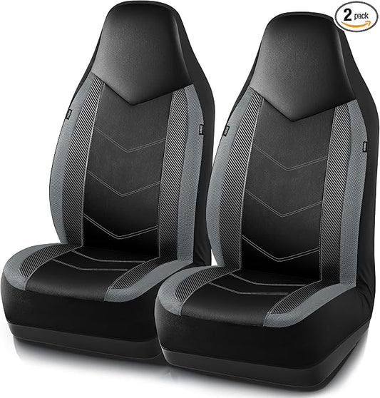 PIC AUTO Leather Car Seat Covers, Sports Carbon Fiber & Mesh Design, High-Back Two Front Set, Waterproof Automotive Seat Covers, Airbag Compatible, Universal Fit for Most Cars (Black & Gray)