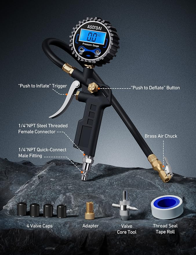 AstroAI Digital Tire Pressure Gauge with Inflator, 3-250 PSI Air Chuck & Compressor Accessories Heavy Duty with Quick Connect Coupler, 0.1 Display Resolution, 1Pack Standard, with case