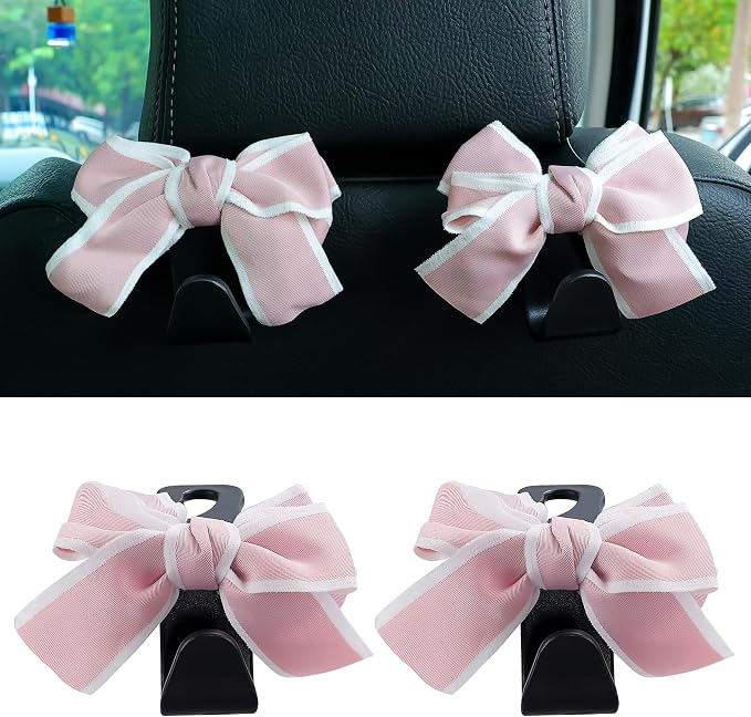 Amooca Car Seat Headrest Hook Cute Bowknot Vehicle Hanger Car Storage Organizer for Handbag Purse Coat Grocery Bag Black Pink