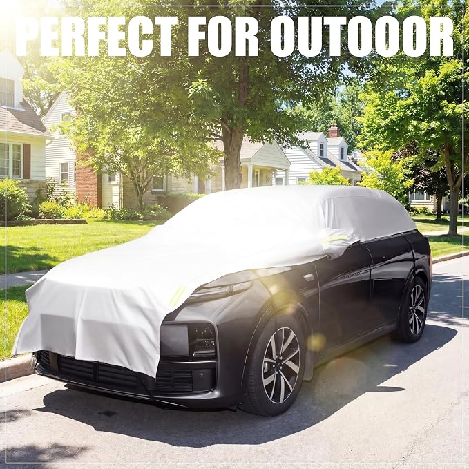 Canchiing Silver Car Half Car Cover Auto Sun Heat and UV Rays Blocker Foldable Automotive Front Windshield Sunshade Protector Easy Installation with Straps Fits Cars Sedan SUV(198" X 59",SUV)