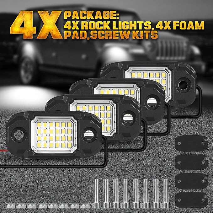 4 Pods White Rock Lights Underglow Light for Cars Trucks Trail Rig Lamp | 24 LED chips for each light, waterproof led bottom chassis lights