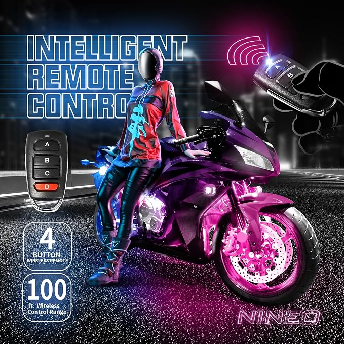 NINEO 8PCS Motorcycle RGB Led Light Kit, Memory Function, Red Brake Light | Multi-Color Underglow Neon Lights, IP65 Waterproof, Fit Family Motorcycle Z1000 CB1000r YZF R6 R3 MT07 MT09 Road King ATV UTV